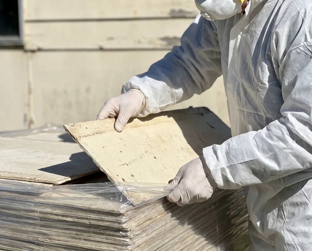 Gloved hands of a removalist lowering an old fibro sheet