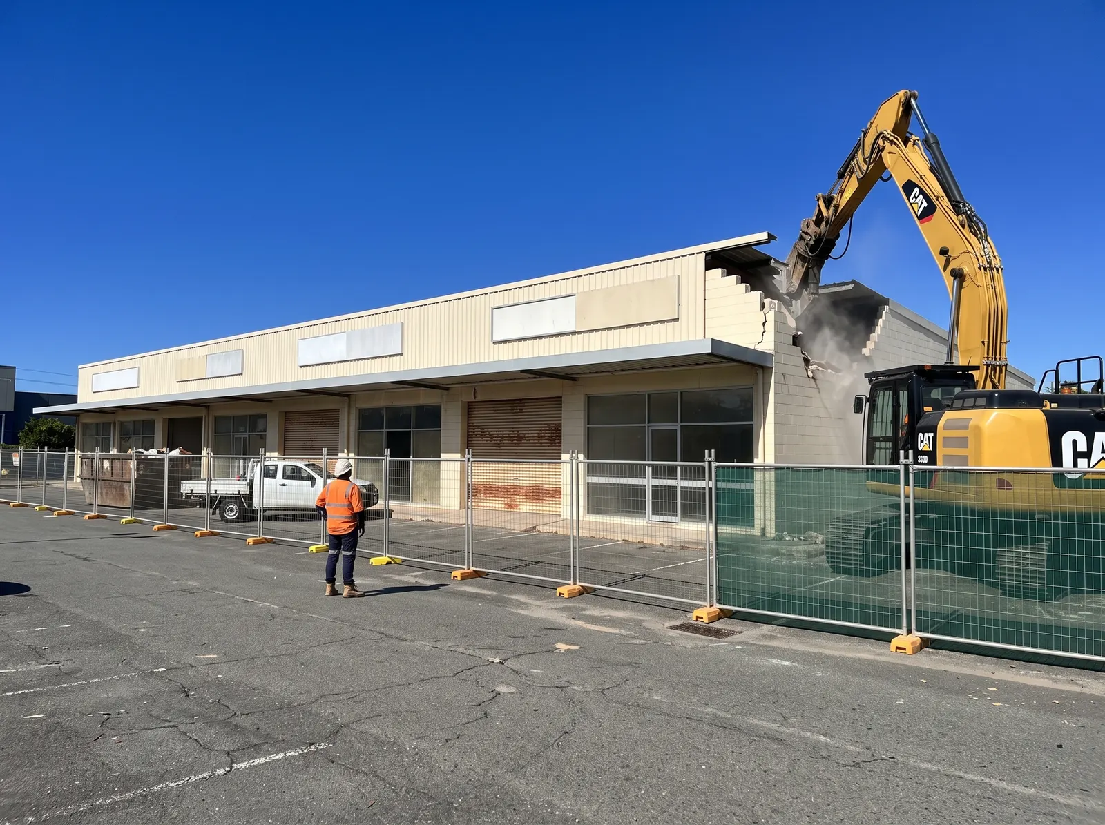 Long-reach excavator demolishing an old strip of shops