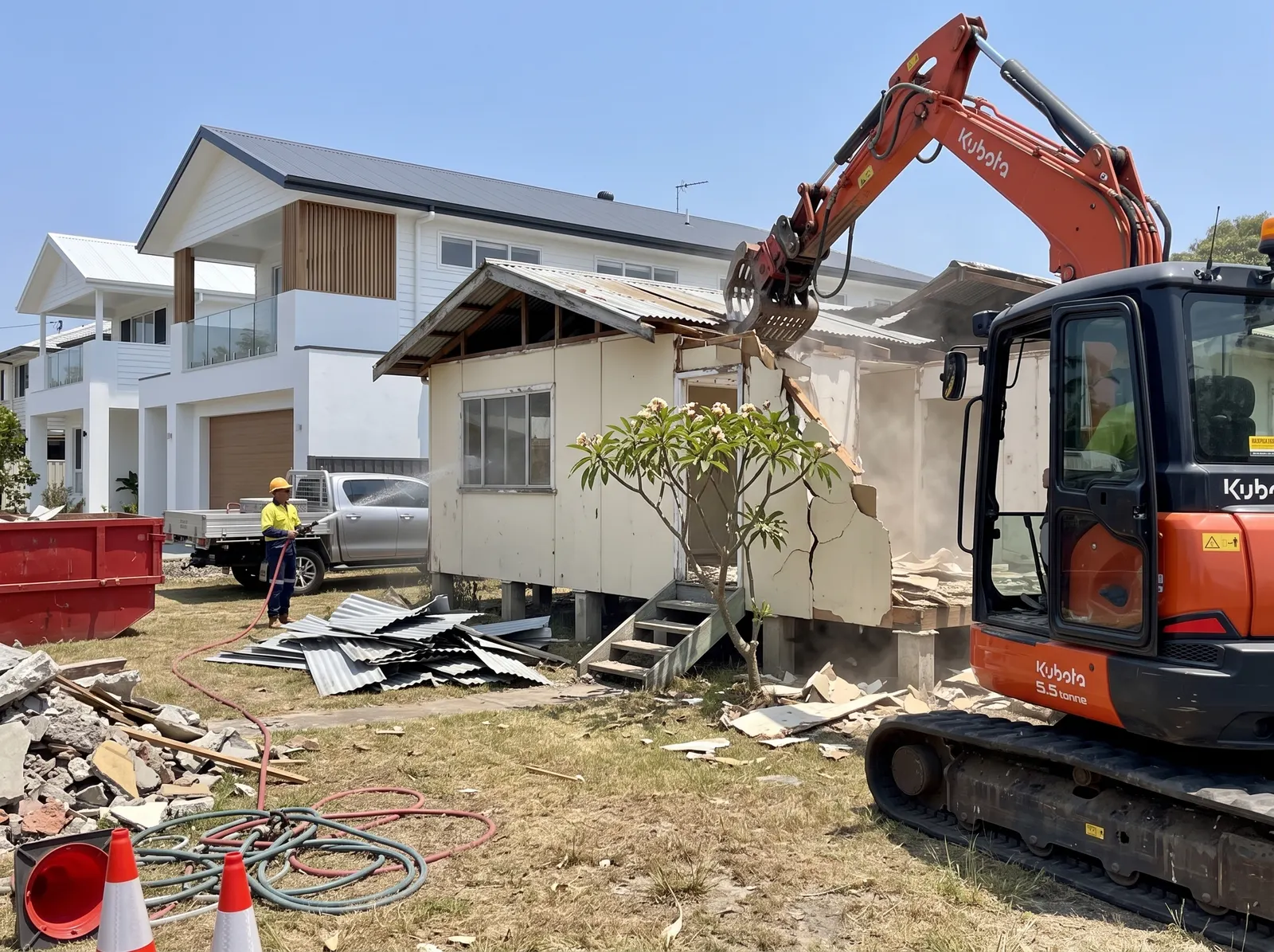 Orange excavator pulling down the walls of an old white fibro beach shack