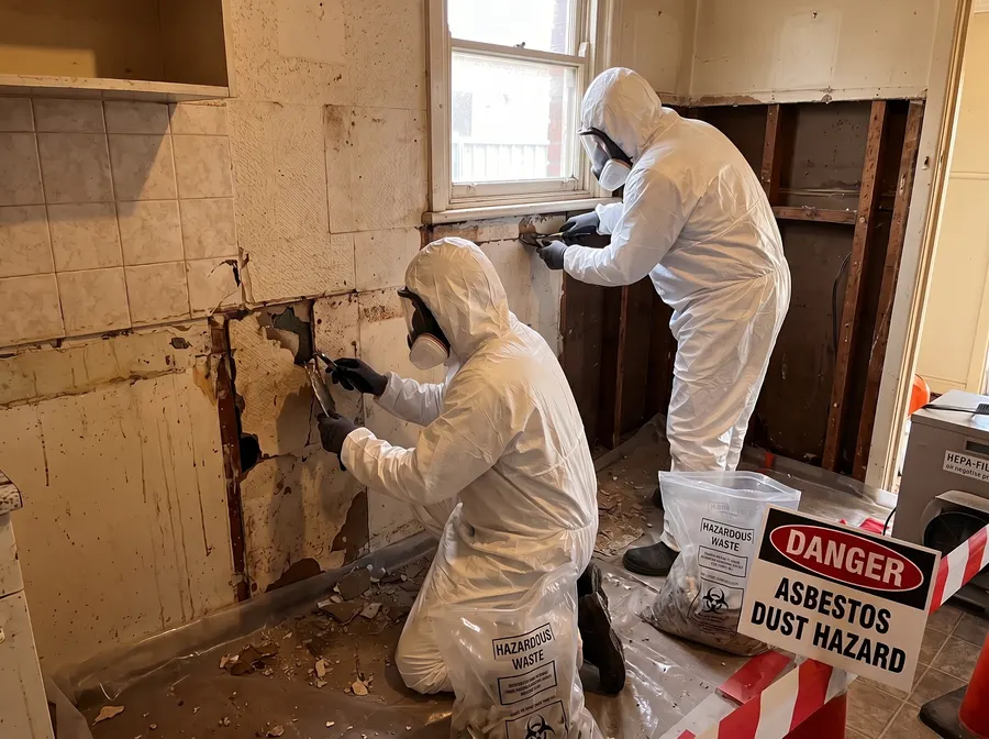 Worker removing fibro sheeting in protective suit