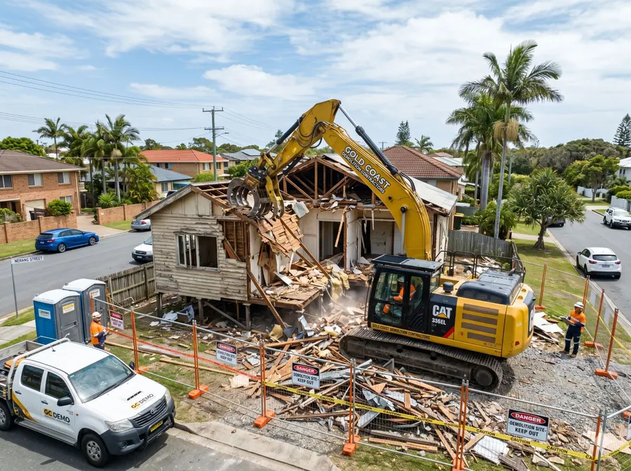 House mid-demolition, roof off