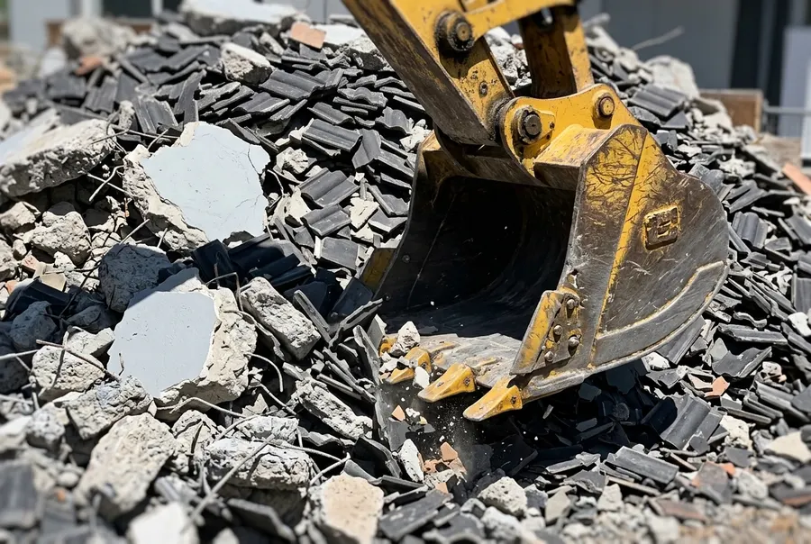 Excavator bucket teeth digging into broken concrete and render rubble