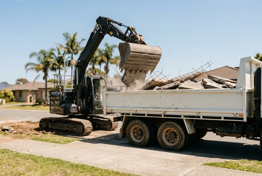 Broken concrete being dropped into a tipper truck tray