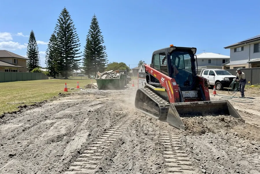 Skid steer levelling a cleared sandy block