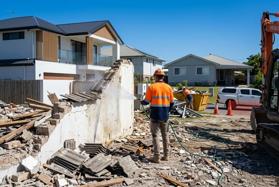 Worker spraying water to keep dust down on a demolition site