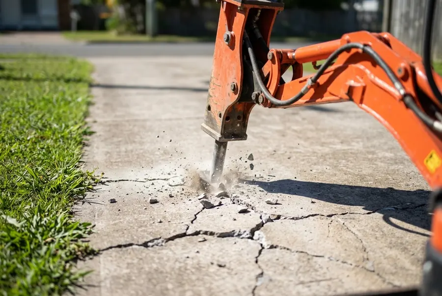Hydraulic breaker cracking an old concrete driveway