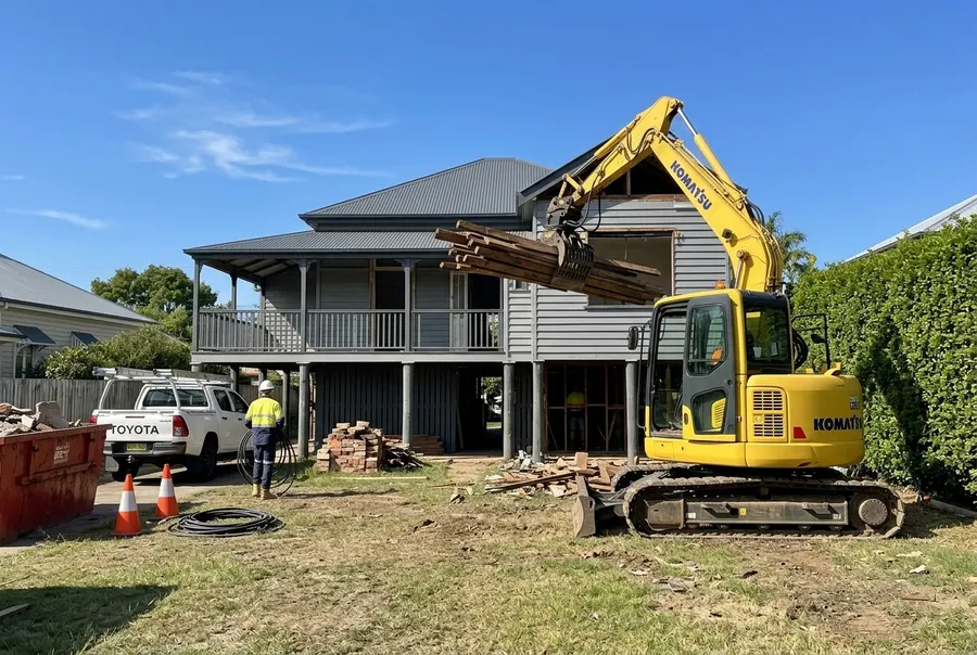 Excavator grab lifting old hardwood from a Queenslander being demolished