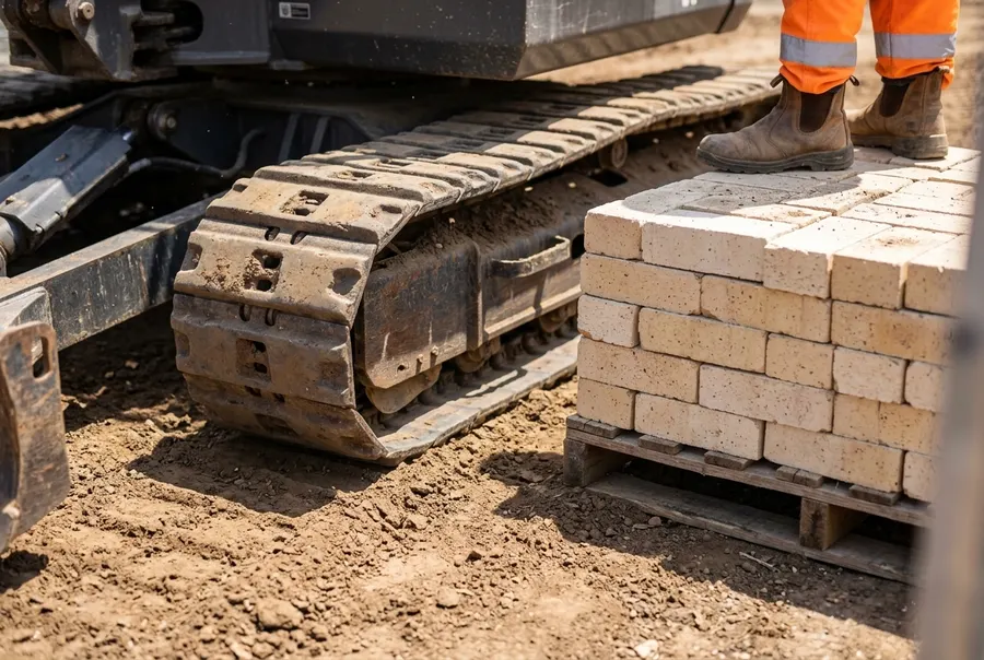 Excavator tracks on a cleared block next to stacked recycled bricks